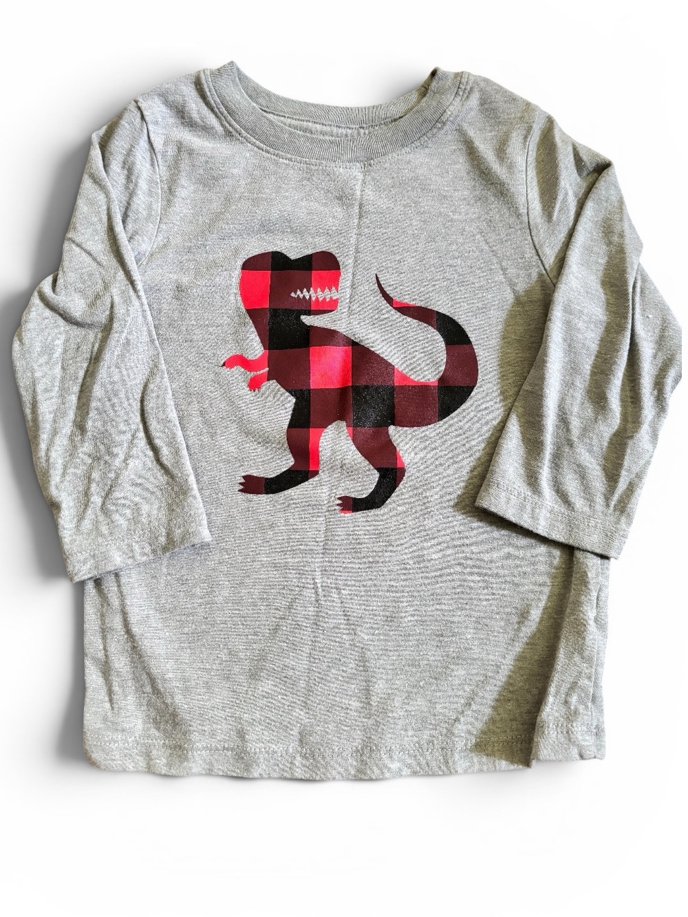 🎉(18m) Cat & Jack Gray Long Sleeve Toddler T-Shirt with Red Buffalo Plaid T-Rex